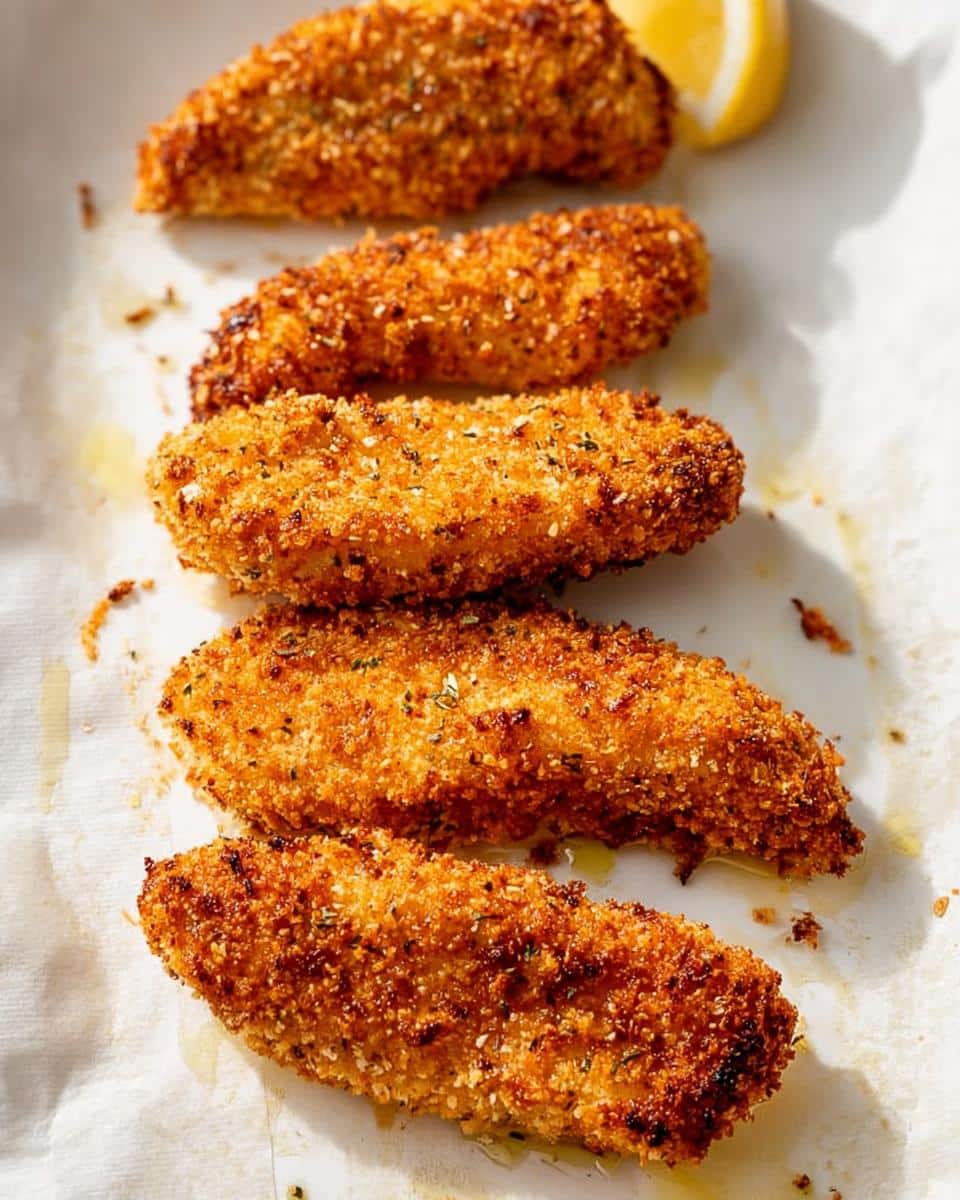 Golden brown and crispy air fryer chicken tenders served with a lemon wedge.