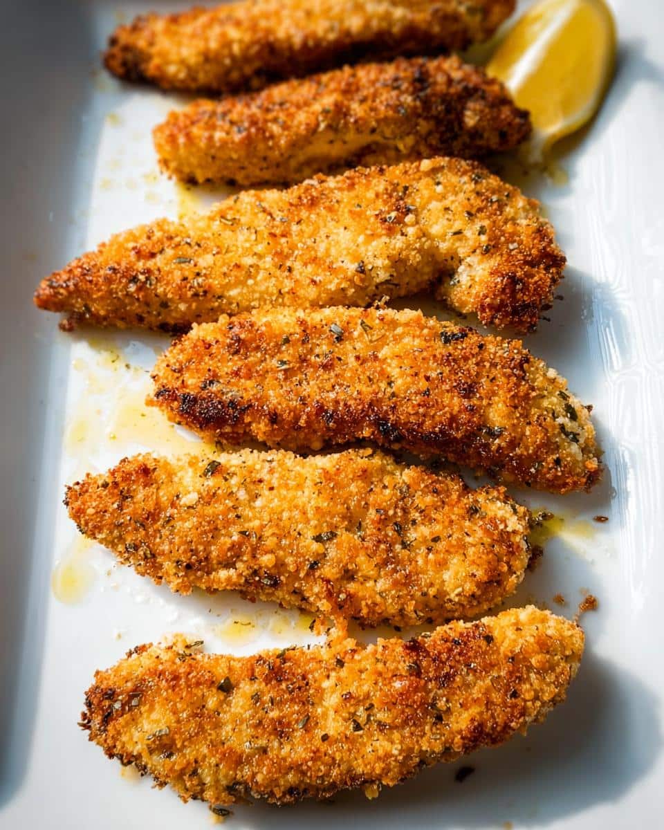 A platter of golden-brown, crispy Air Fryer Chicken Tenders with a lemon wedge.