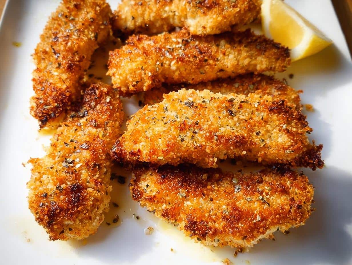 A plate of golden brown, crispy Air Fryer Chicken Tenders seasoned with herbs, served with a lemon wedge.