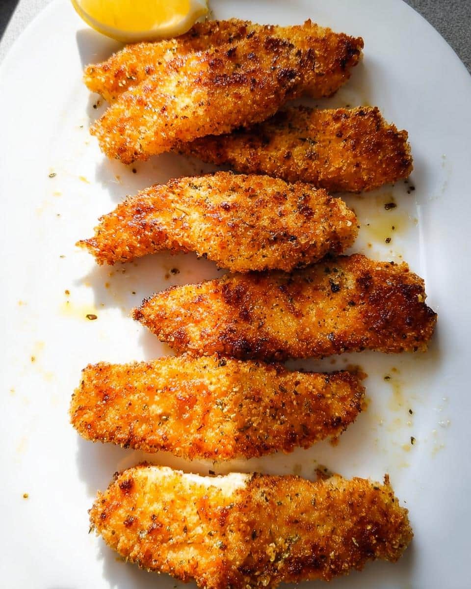 A plate of crispy, golden-brown air fryer chicken tenders, seasoned with herbs, served with a lemon wedge.