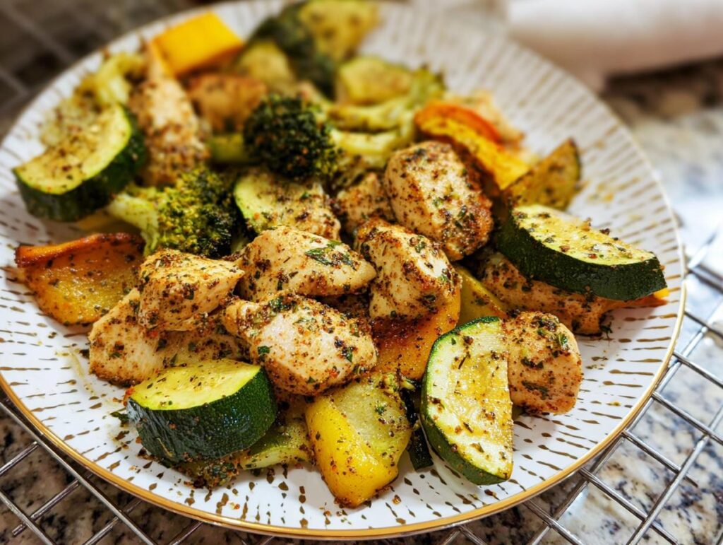 A close-up of a plate filled with a colorful Air Fryer Chicken & Veggie Sheet Meal, featuring seasoned chicken pieces and roasted vegetables like zucchini, broccoli, and bell peppers.