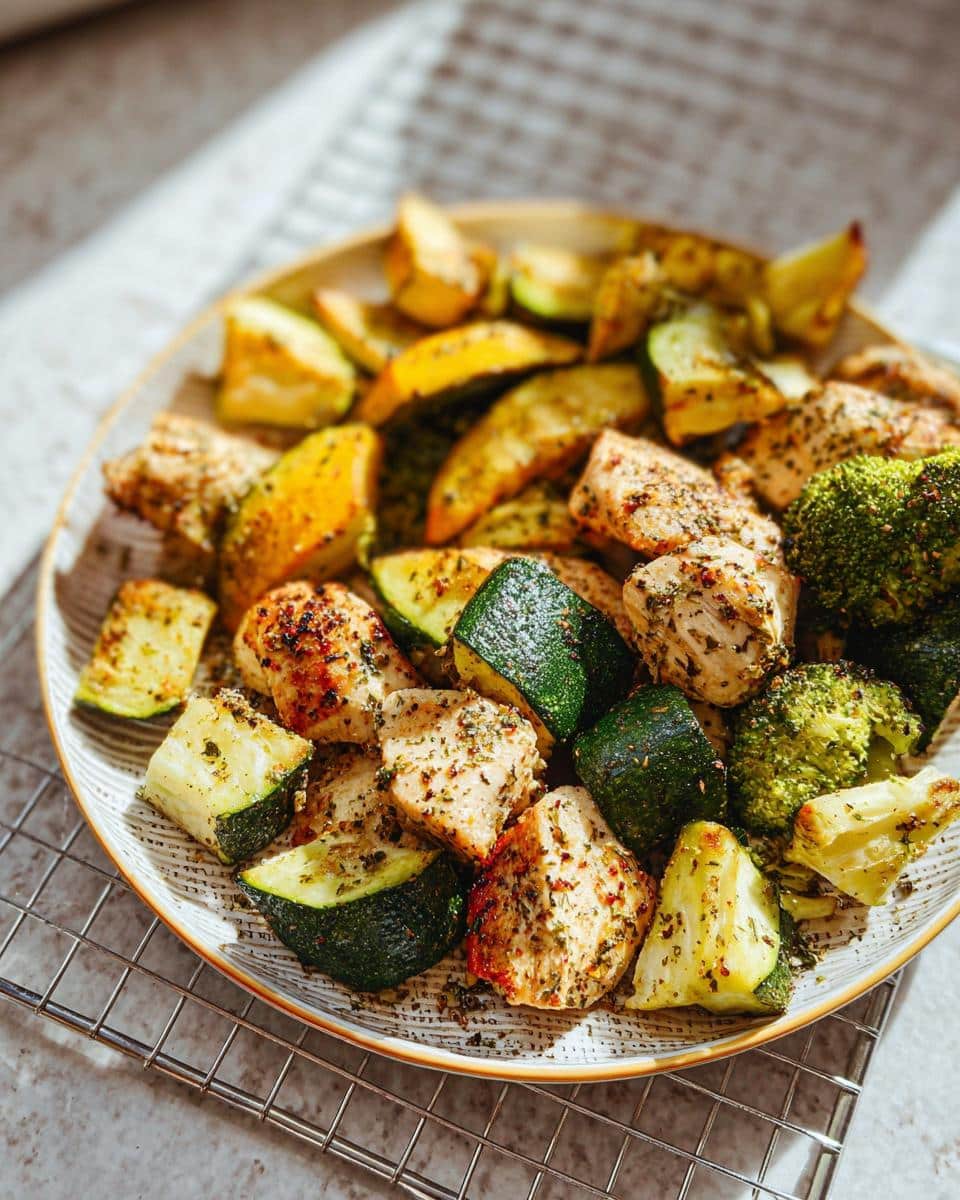 A plate filled with a colorful Air Fryer Chicken & Veggie Sheet Meal, featuring seasoned chicken pieces, zucchini, broccoli, and potatoes.