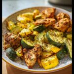 Close-up of a colorful Air Fryer Chicken & Veggie Sheet Meal with seasoned chicken pieces and sliced zucchini and yellow squash.