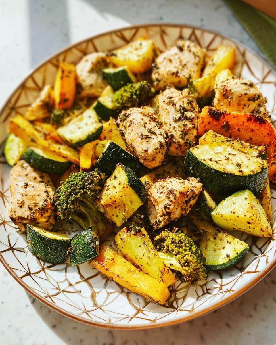 A plate filled with a colorful Air Fryer Chicken & Veggie Sheet Meal, featuring seasoned chicken pieces, zucchini, broccoli, and carrots.