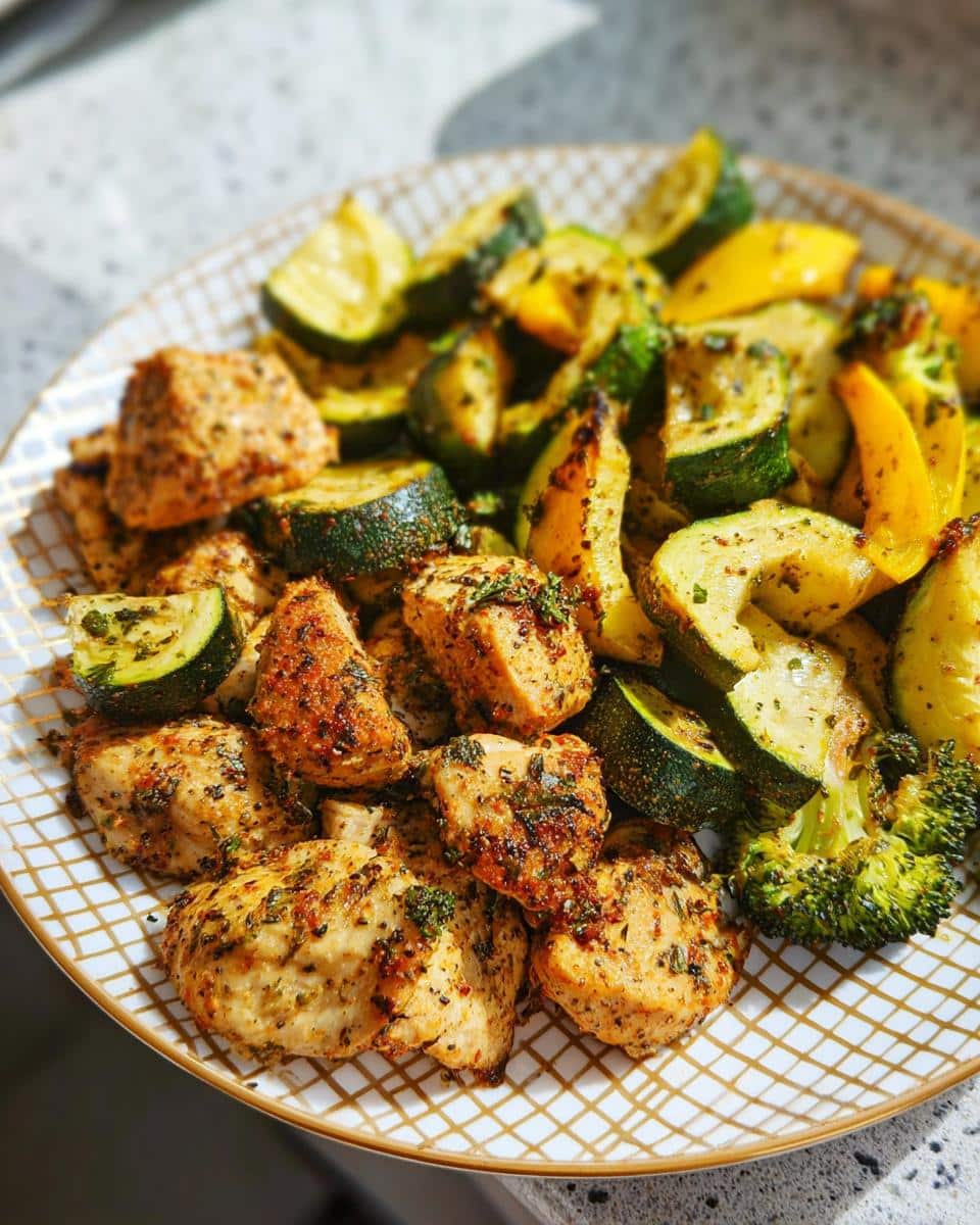 A plate of Air Fryer Chicken & Veggie Sheet Meal, featuring seasoned chicken pieces and roasted zucchini, yellow squash, and broccoli.