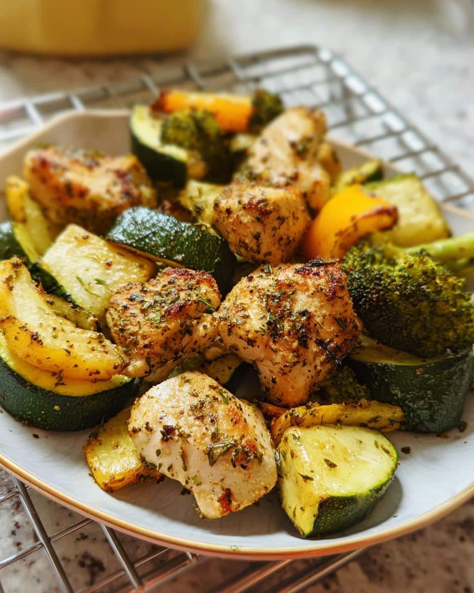 A close-up of a serving of Air Fryer Chicken & Veggie Sheet Meal, featuring seasoned chicken pieces, zucchini, broccoli, and bell peppers.