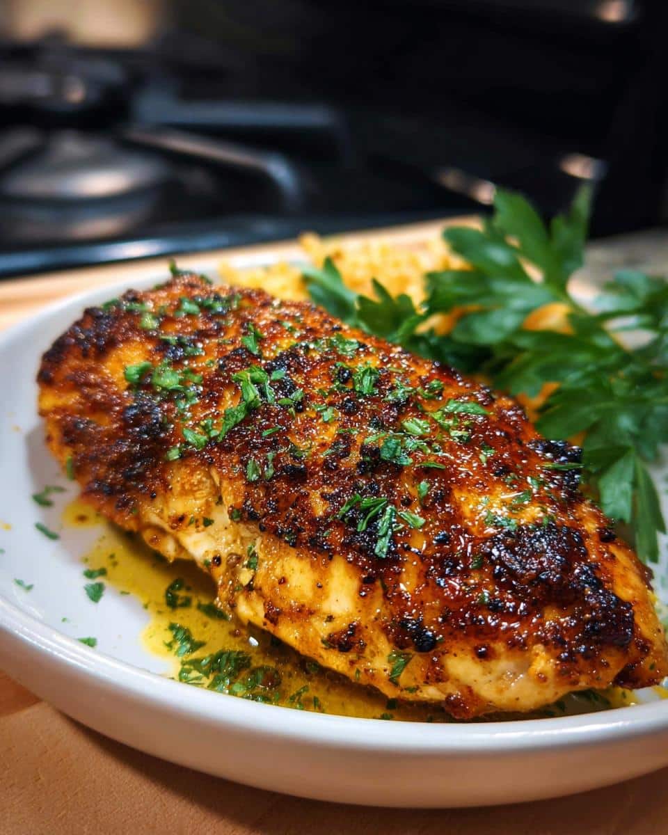A close-up of a perfectly cooked Air Fryer Garlic Butter Chicken breast, glistening with butter and herbs.