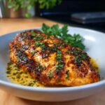 A close-up of a perfectly cooked Air Fryer Garlic Butter Chicken breast, glistening with butter and herbs.