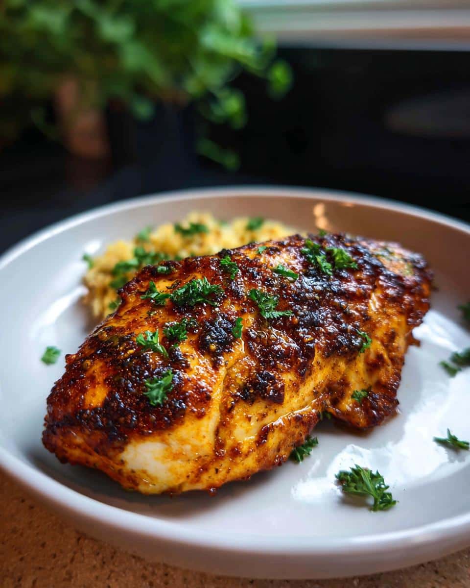 A perfectly cooked Air Fryer Garlic Butter Chicken breast served with rice and garnished with fresh parsley.