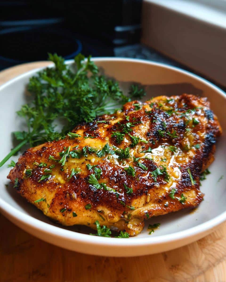 A close-up of a perfectly cooked Air Fryer Garlic Butter Chicken breast, glistening with butter and herbs, served in a white bowl.