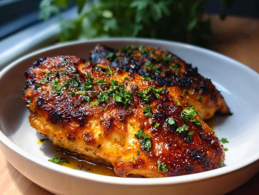 Two perfectly cooked Air Fryer Garlic Butter Chicken breasts, glistening with sauce and sprinkled with fresh parsley, served in a white bowl.