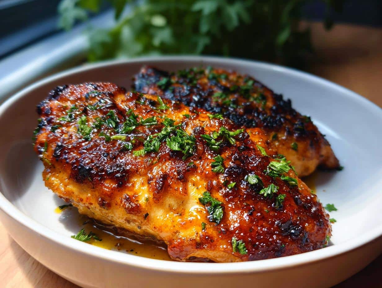 Two perfectly cooked Air Fryer Garlic Butter Chicken breasts, glistening with sauce and sprinkled with fresh parsley, served in a white bowl.