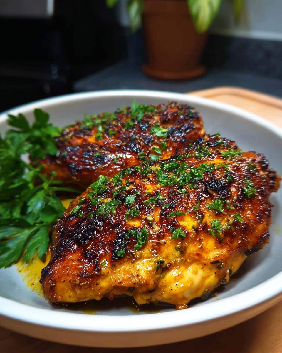 Two pieces of perfectly cooked Air Fryer Garlic Butter Chicken in a bowl, garnished with fresh parsley.