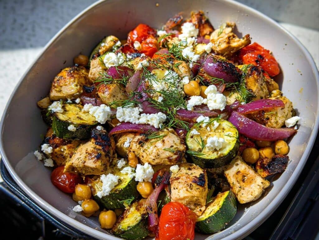 A close-up of a bowl filled with Air Fryer Greek Chicken with Veggies, including zucchini, cherry tomatoes, red onion, and chickpeas, topped with feta cheese and dill.