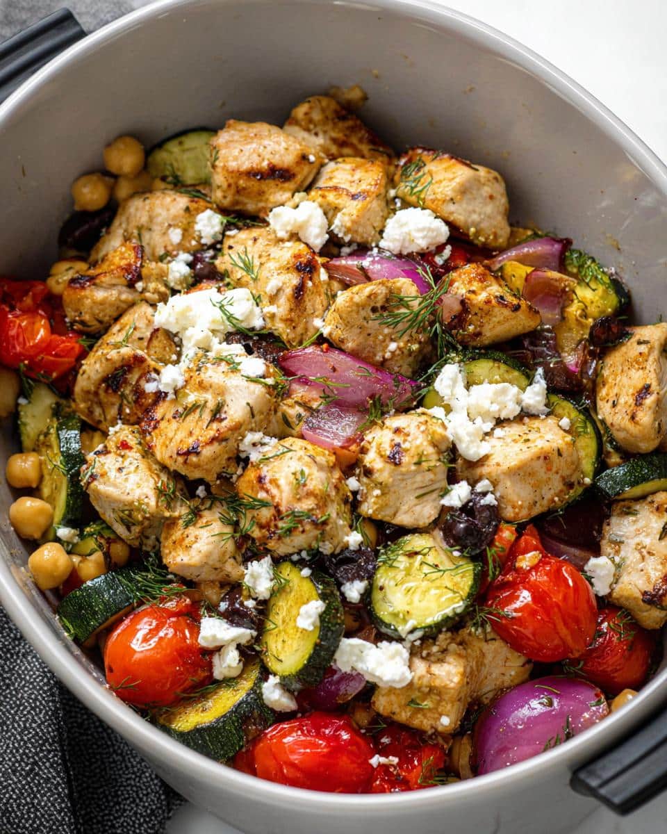 A bowl of Air Fryer Greek Chicken with Veggies, featuring grilled chicken, zucchini, cherry tomatoes, red onion, and feta cheese.