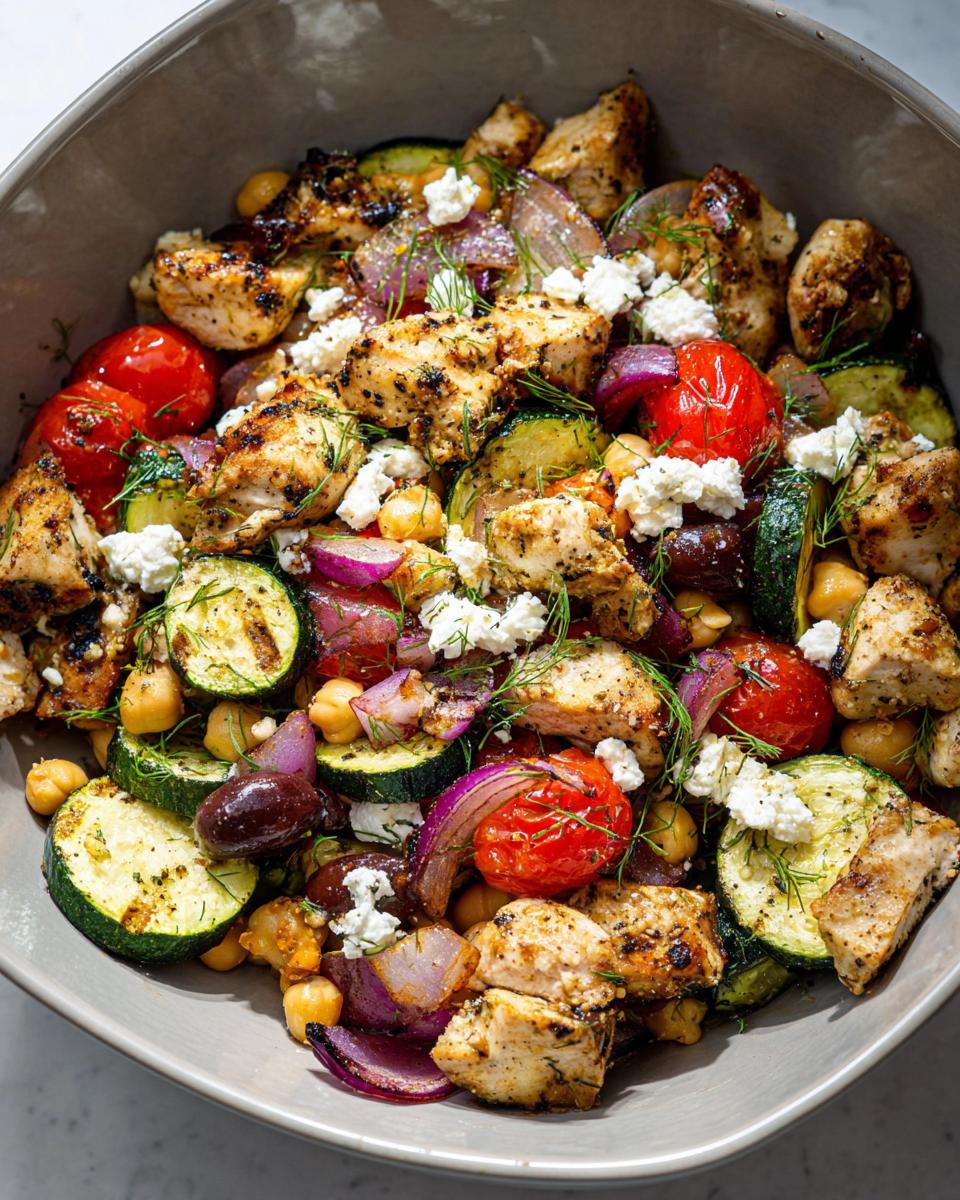 A bowl of Air Fryer Greek Chicken with Veggies, featuring grilled chicken, zucchini, tomatoes, onions, chickpeas, olives, and feta.