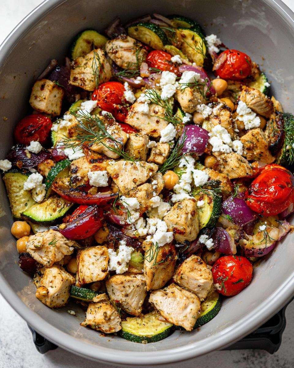 A close-up overhead view of Air Fryer Greek Chicken with Veggies, featuring tender chicken pieces, zucchini, cherry tomatoes, red onion, and feta cheese.