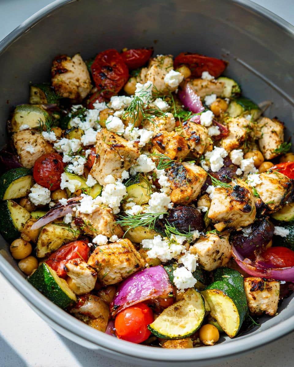 Close-up of Air Fryer Greek Chicken with Veggies, featuring grilled chicken, zucchini, tomatoes, red onion, and feta.