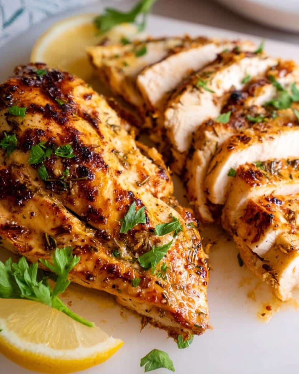 A close-up of juicy Air Fryer Lemon Herb Chicken, sliced and garnished with fresh parsley and lemon wedges.