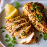 Close-up of sliced Air Fryer Lemon Herb Chicken breast, garnished with fresh parsley and lemon wedges.