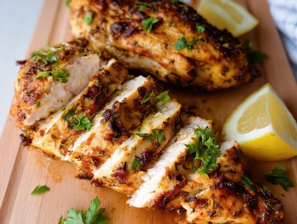 Close-up of juicy Air Fryer Lemon Herb Chicken, sliced and garnished with fresh parsley and lemon wedges.