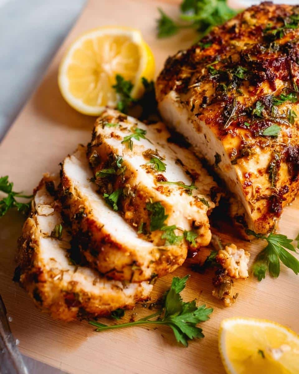 Close-up of sliced Air Fryer Lemon Herb Chicken breast, garnished with fresh parsley and lemon wedges.