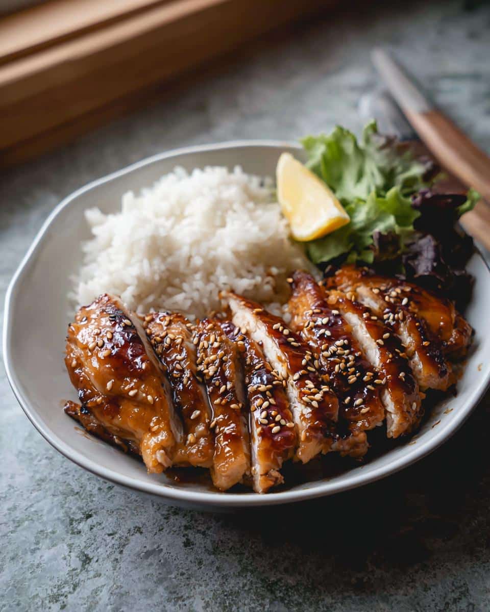 A bowl of Air Fryer Teriyaki Chicken meal prep with rice, salad, and a lemon wedge.