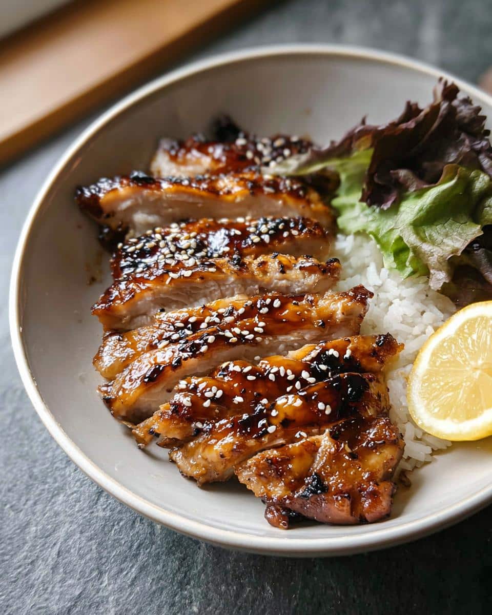Close-up of sliced Air Fryer Teriyaki Chicken Meal Prep served over rice with lettuce and a lemon wedge.