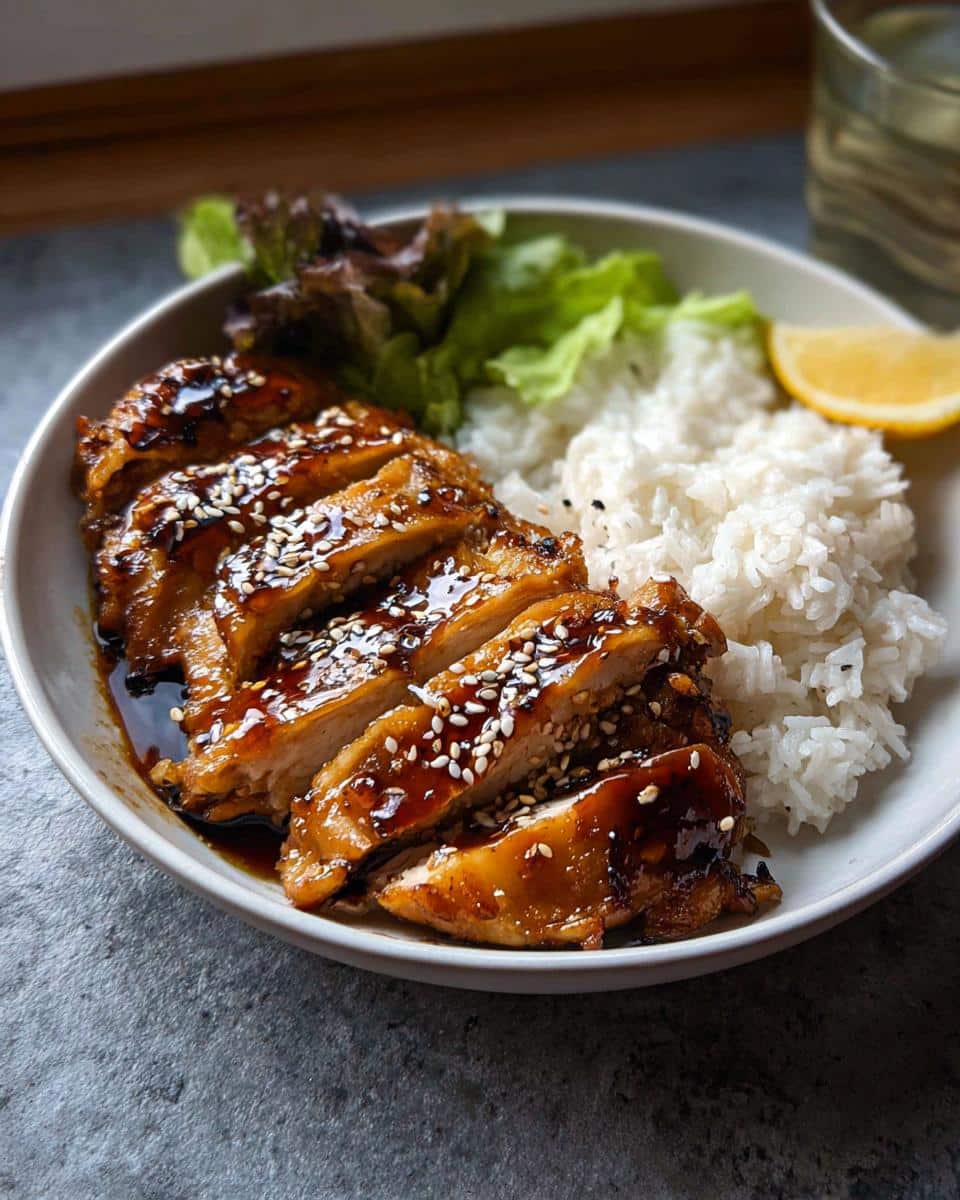 A close-up of sliced Air Fryer Teriyaki Chicken, glistening with sauce and sprinkled with sesame seeds, served with rice and lettuce.