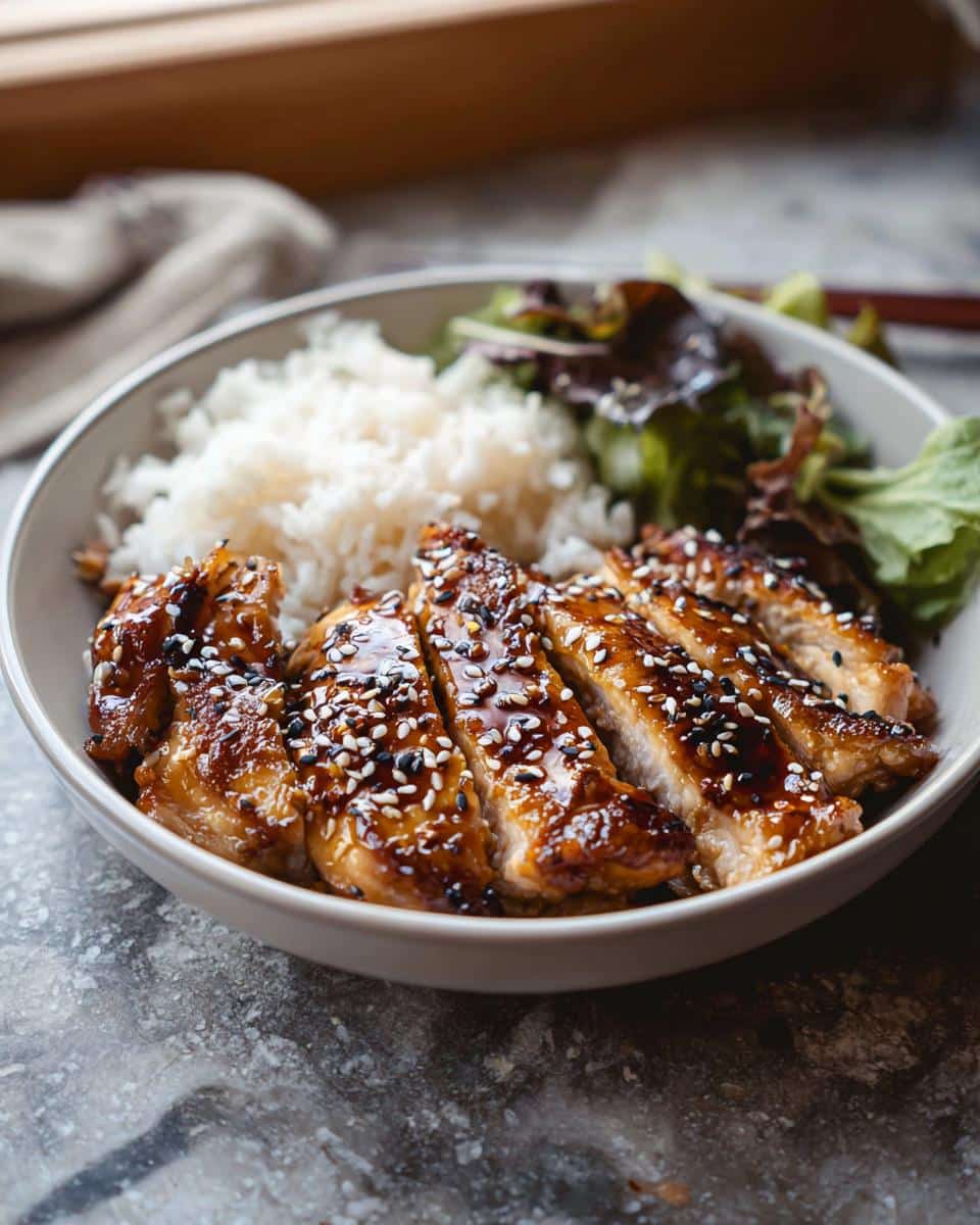 Sliced Air Fryer Teriyaki Chicken with sesame seeds served over rice with a side of greens.