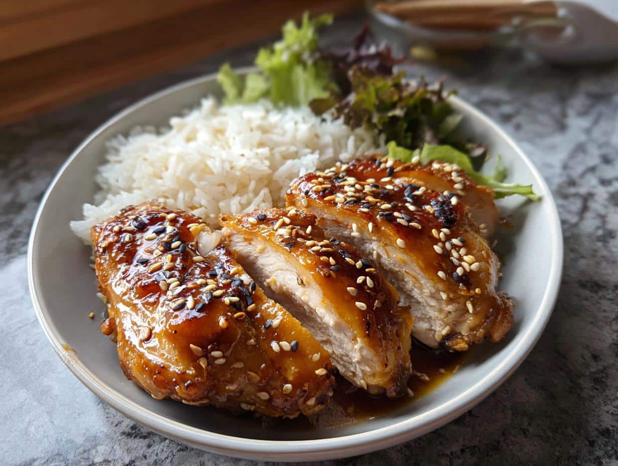 Close-up of sliced Air Fryer Teriyaki Chicken Meal Prep served with rice and greens, topped with sesame seeds.