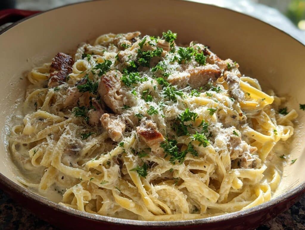 Close-up of creamy fettuccine Alfredo Protein Pasta Bowls topped with grilled chicken chunks, Parmesan, and fresh parsley.