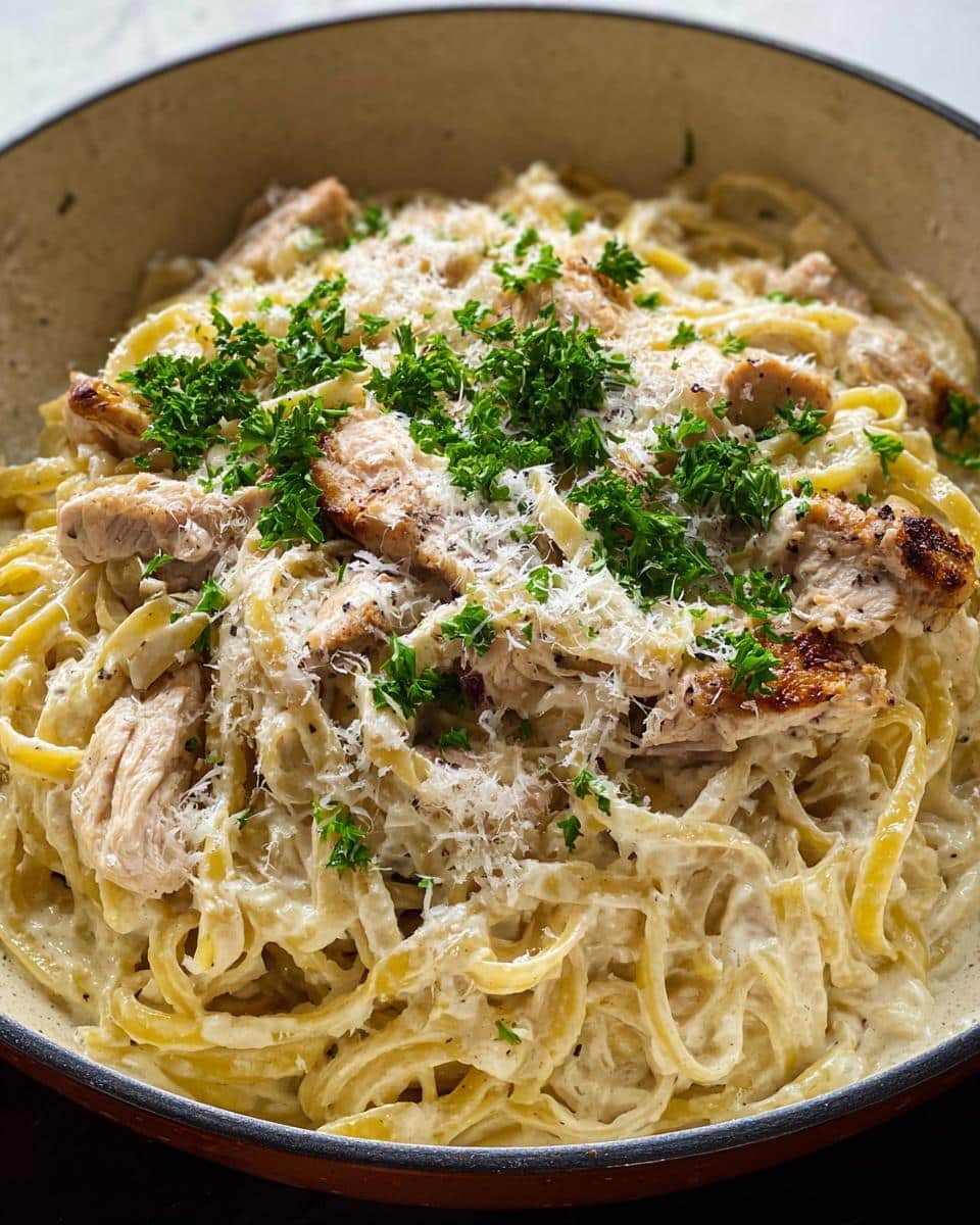 Close-up of Alfredo Protein Pasta Bowls featuring fettuccine coated in creamy sauce, topped with sliced chicken, Parmesan, and parsley.