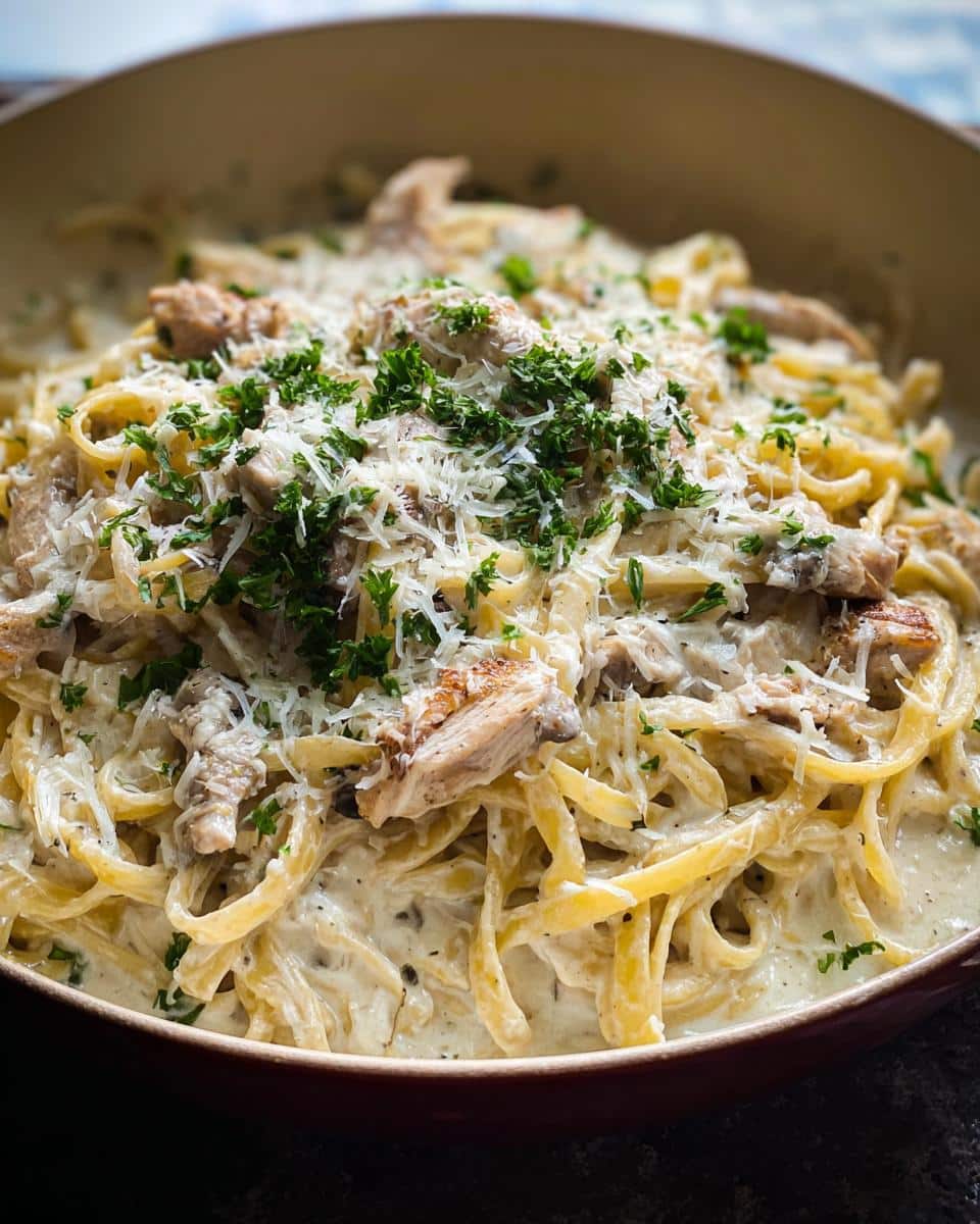 Close-up of Alfredo Protein Pasta Bowls featuring fettuccine, chicken pieces, covered in rich sauce, Parmesan, and parsley.