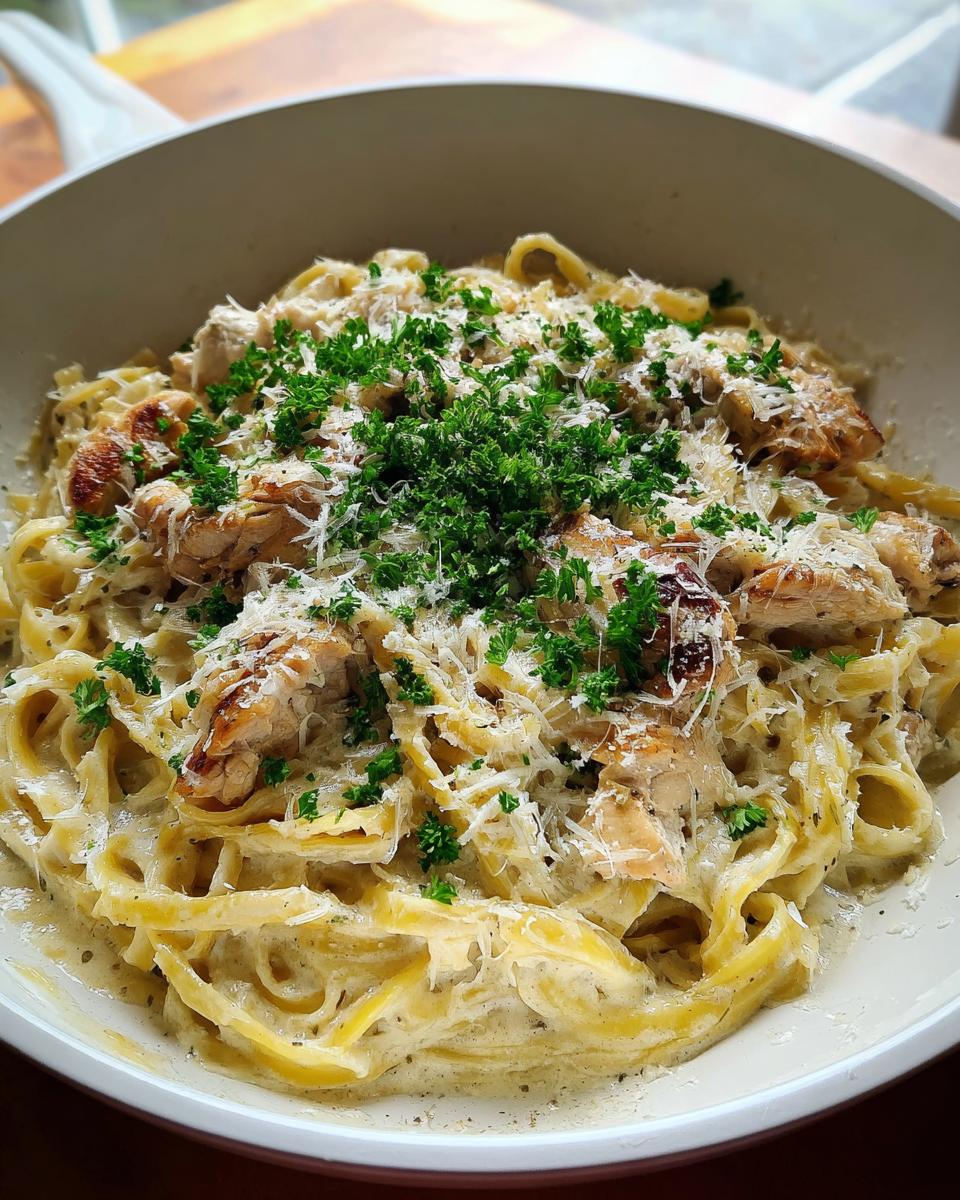 Close-up of Alfredo Protein Pasta Bowls featuring fettuccine, chicken pieces, Parmesan, and fresh parsley.