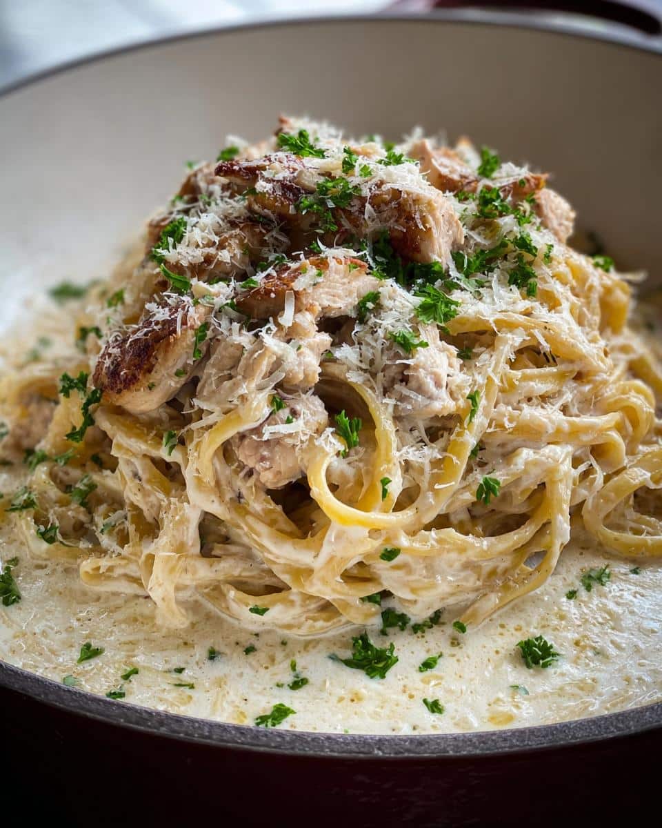 Close-up of Alfredo Protein Pasta Bowls featuring fettuccine coated in rich sauce, topped with grilled chicken, Parmesan, and parsley.