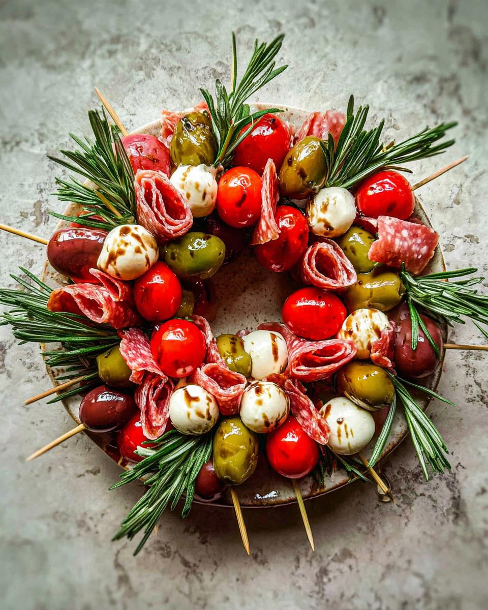 A circular arrangement of appetizer skewers forming an Antipasto Christmas Wreath with tomatoes, mozzarella, olives, salami, and rosemary.