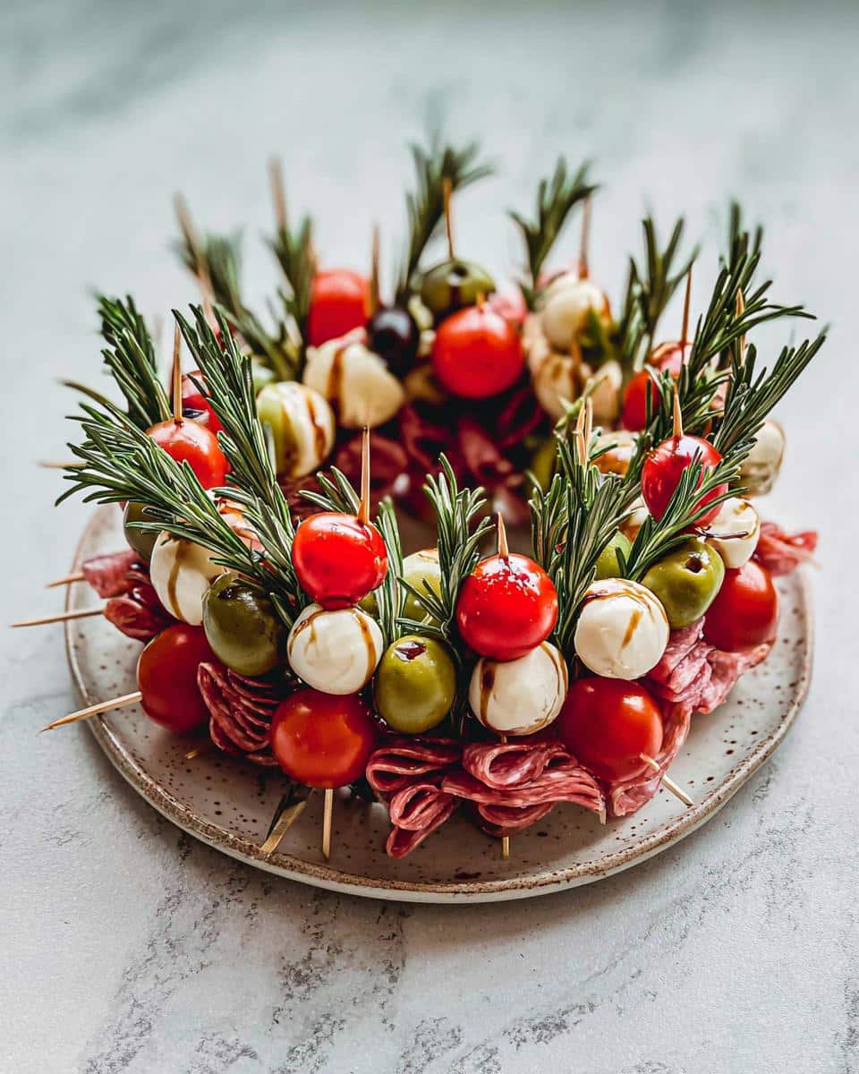 A festive Antipasto Christmas Wreath made of skewers featuring cherry tomatoes, mozzarella balls, olives, salami, and rosemary sprigs.
