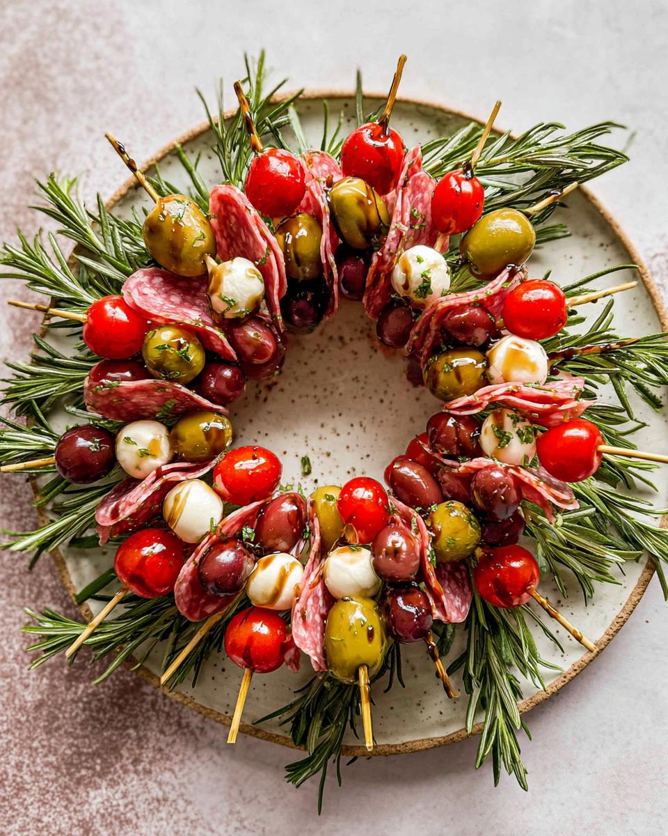 Skewers featuring salami, mozzarella balls, olives, and cherry tomatoes arranged in a wreath shape for an Antipasto Christmas Wreath.