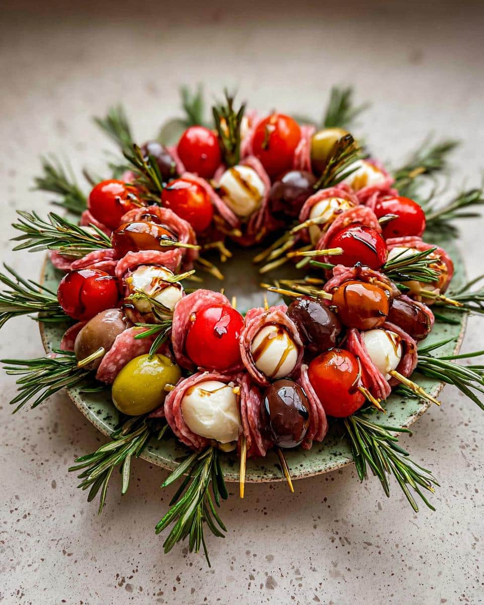 Skewers featuring salami, mozzarella balls, tomatoes, and olives arranged in an Antipasto Christmas Wreath shape, garnished with rosemary.