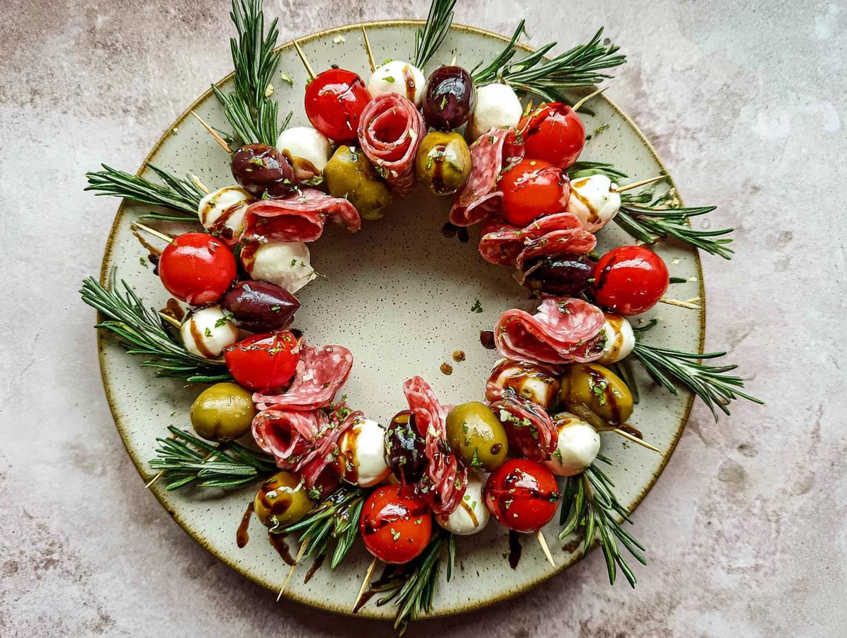 Skewers arranged in a circle on a plate to form an Antipasto Christmas Wreath with mozzarella, tomatoes, olives, and salami.