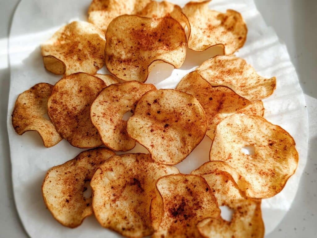 A pile of baked Apple Cinnamon “Chips” sprinkled generously with cinnamon on white parchment paper.