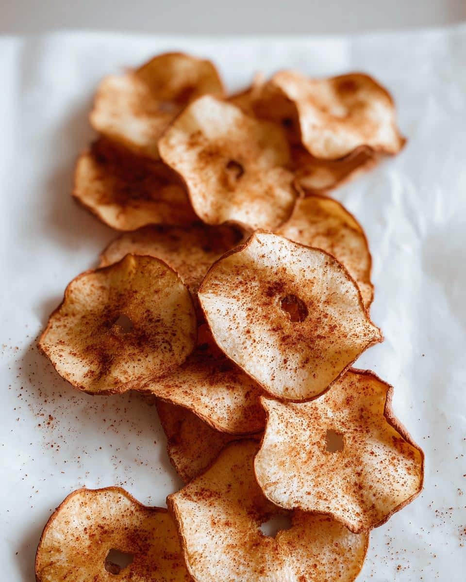 Close-up of baked Apple Cinnamon “Chips” dusted heavily with cinnamon spice on white parchment paper.