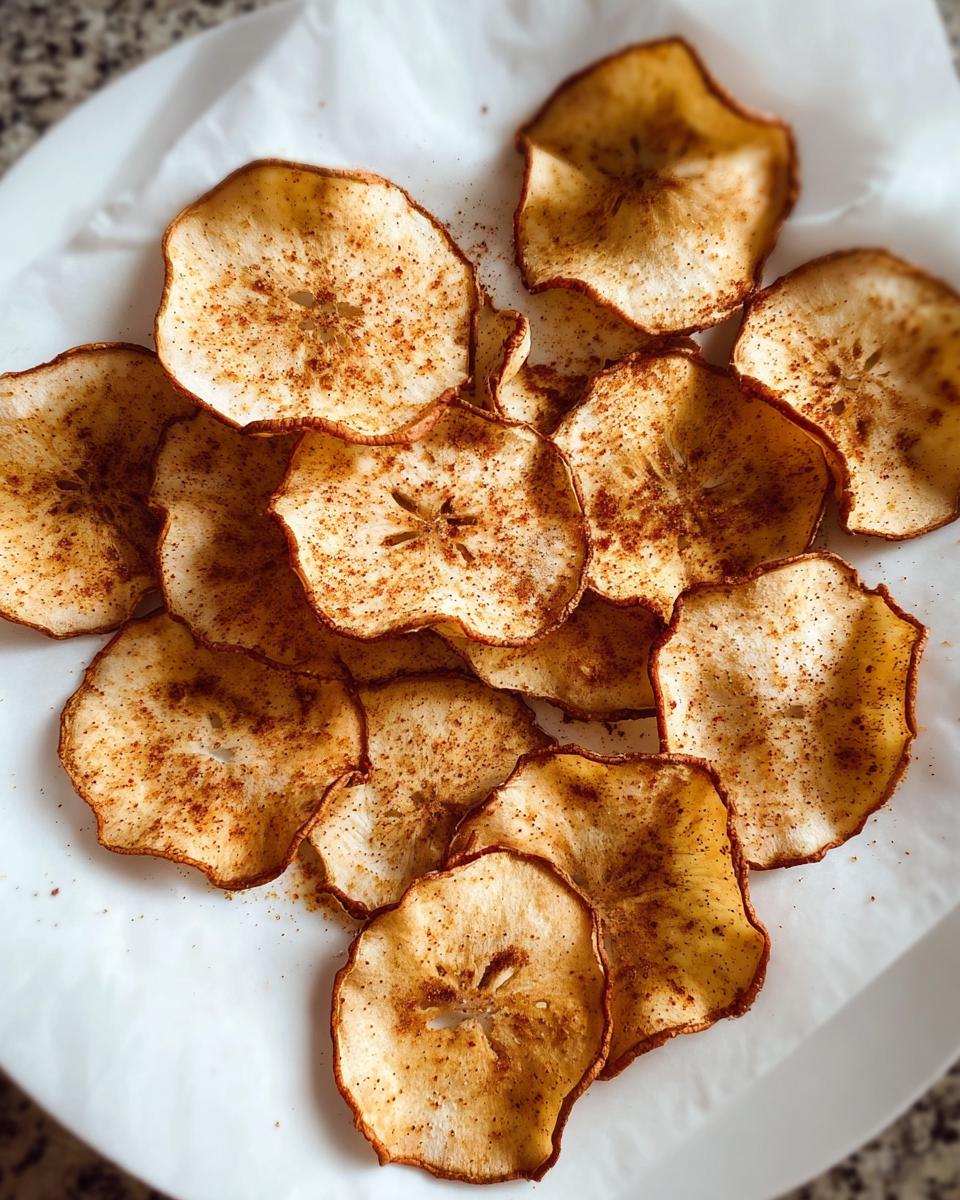 Close-up of crispy baked Apple Cinnamon “Chips” sprinkled generously with cinnamon.