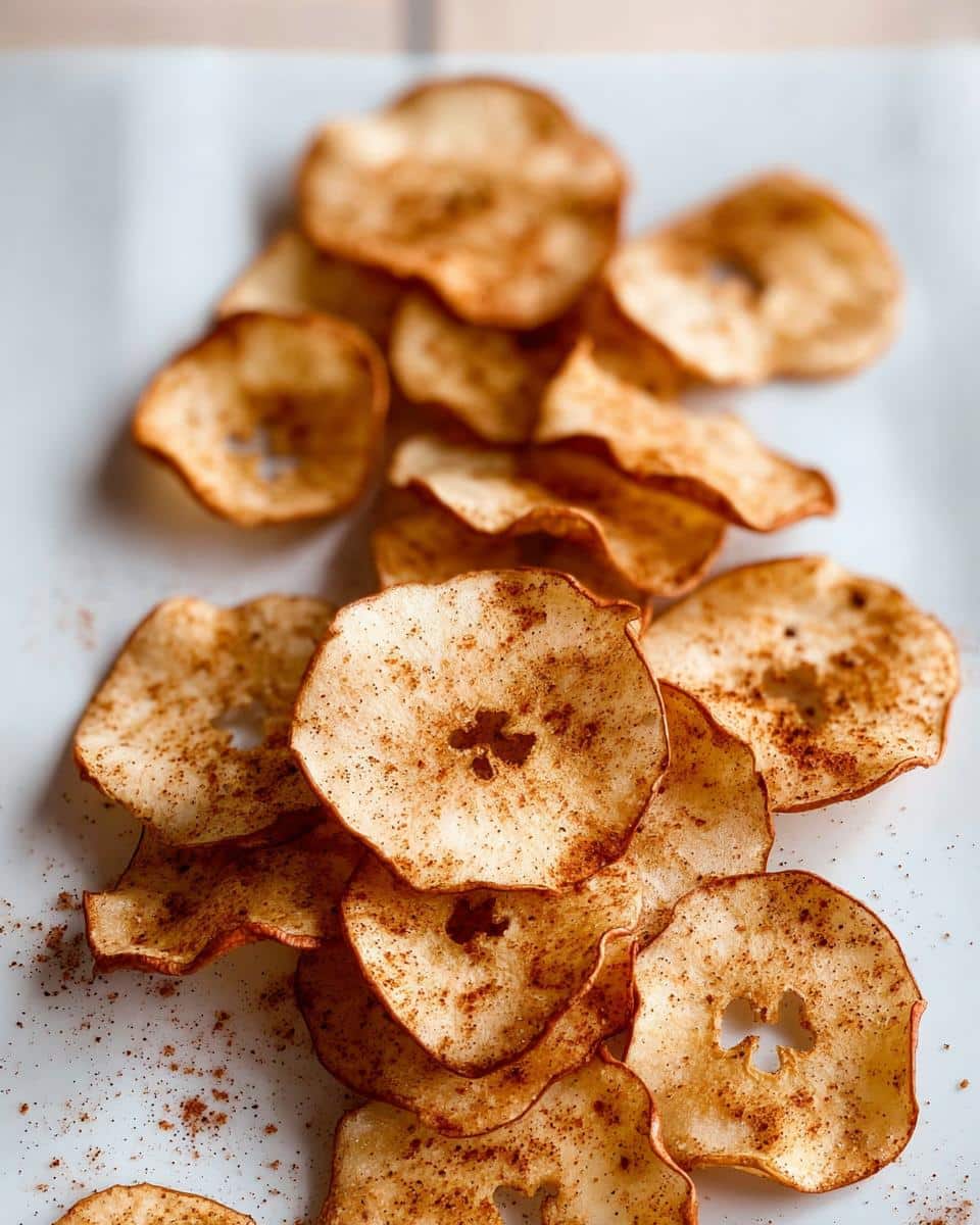 Close-up of a pile of crispy Apple Cinnamon “Chips” dusted heavily with cinnamon spice.