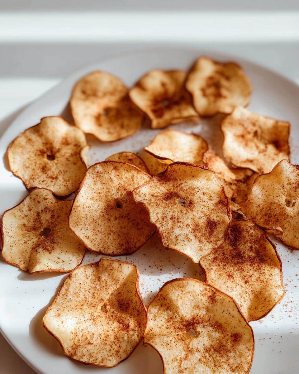 Close-up of baked Apple Cinnamon “Chips” dusted heavily with cinnamon on a white plate.