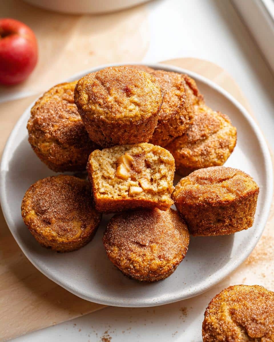 A stack of Apple Cinnamon Protein Muffin Bites coated in cinnamon sugar, one cut open showing apple chunks.