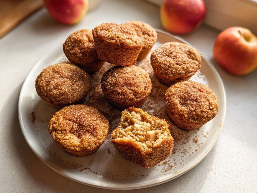 A plate featuring several Apple Cinnamon Protein Muffin Bites, one broken open to show the texture, dusted with cinnamon sugar.