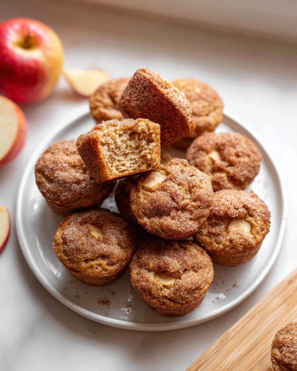 A stack of Apple Cinnamon Protein Muffin Bites coated in cinnamon sugar, with one cut in half showing the texture.