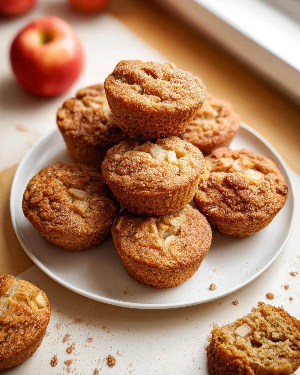 A stack of golden brown Apple Cinnamon Protein Muffin Bites dusted with cinnamon sugar on a white plate, with a fresh apple blurred in the background.